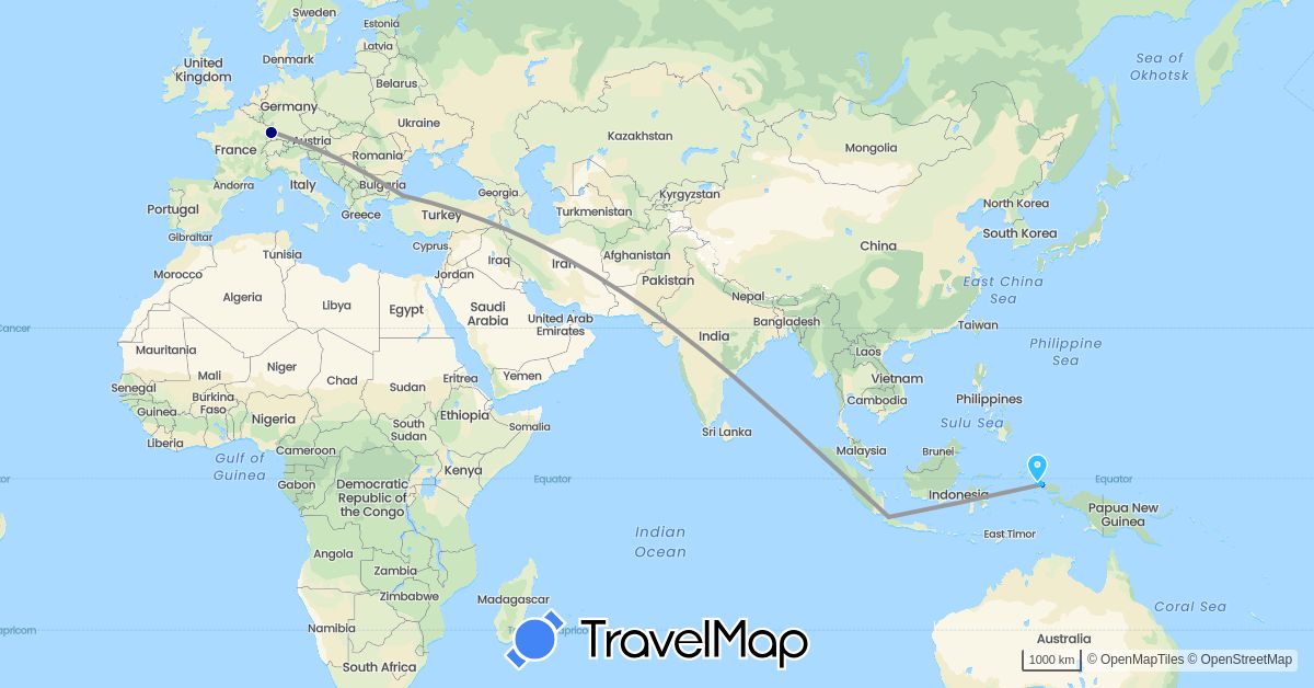 TravelMap itinerary: driving, plane, boat in France, Indonesia, Turkey (Asia, Europe)
